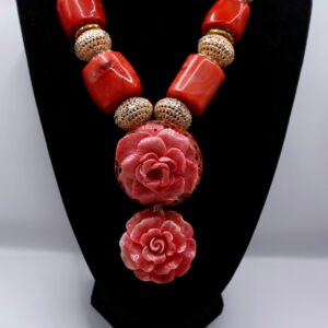 LONG CORAL BEADS WITH ROSES AND GOLD BALLS